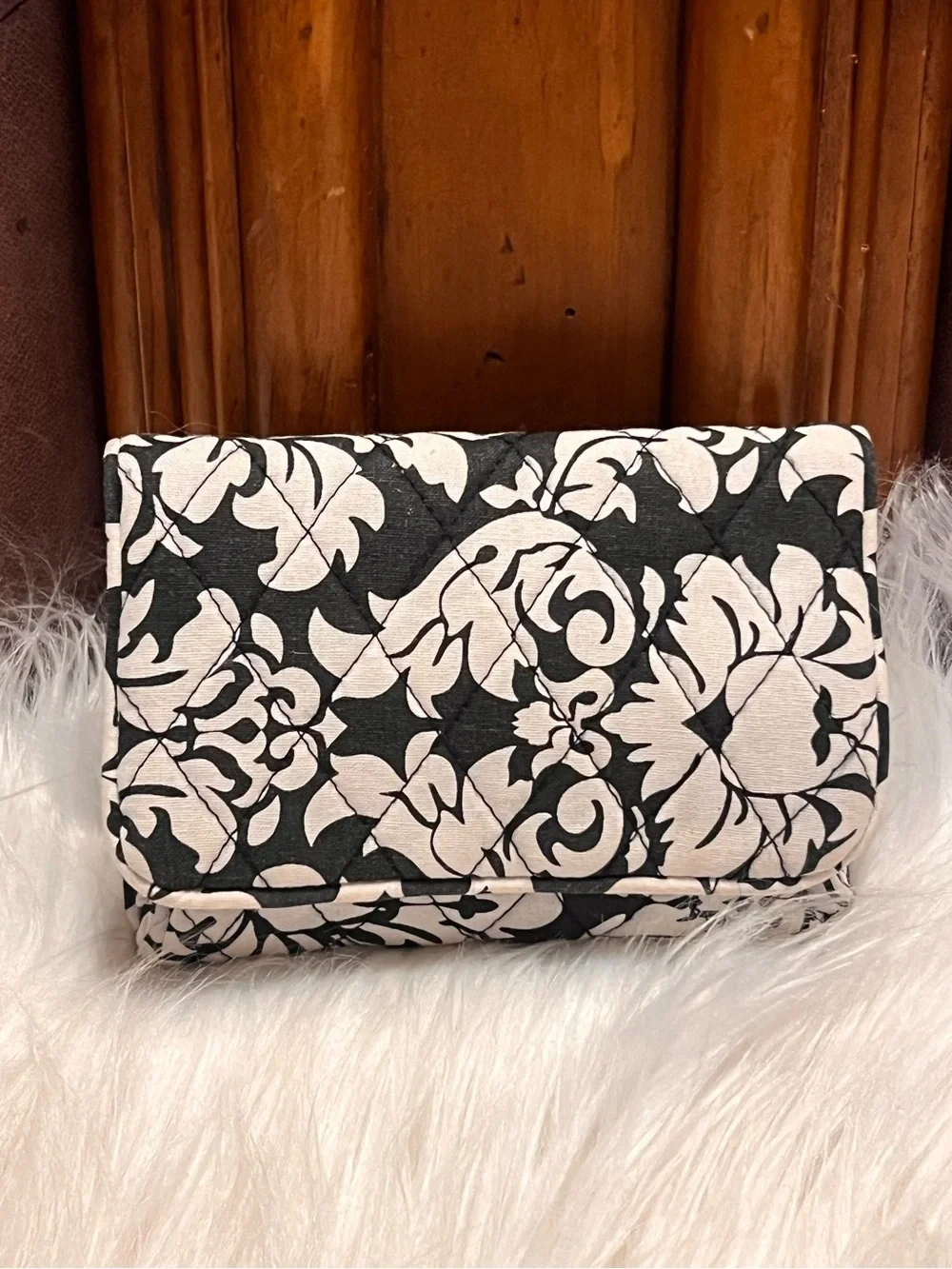 Quilted Black & Cream Floral Fold-Over Crossbody Bag